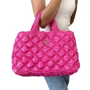 PRADA Vintage Triangle Logo Canapa Tote Bag Handbag Pink Raffia [106407]